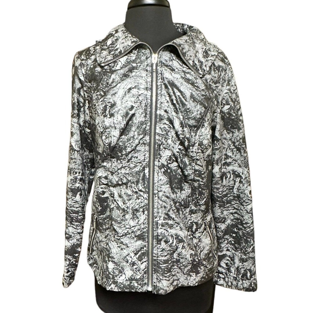 Chico's Zenergy Jacket Women's Sz 1 US Sz M/8 Full Zip Foil Black/Silver Pockets